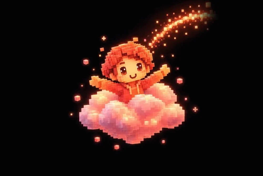 Voxel avatar waving from a glowing pink cloud