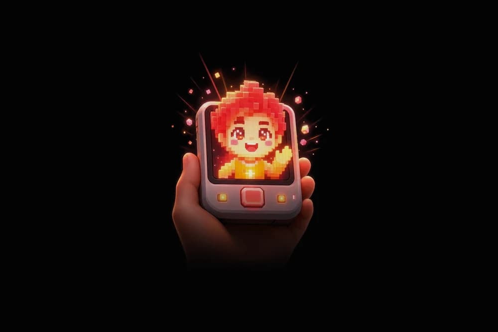 Voxel avatar waving from the screen of a handheld device held in a hand