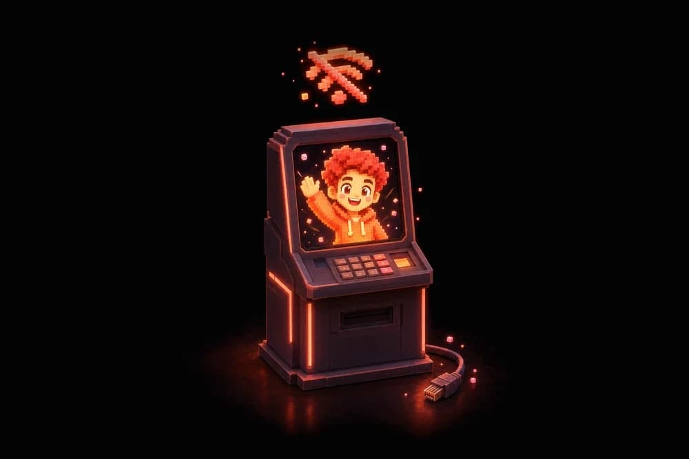 Voxel avatar on a standalone kiosk, its network cable unplugged