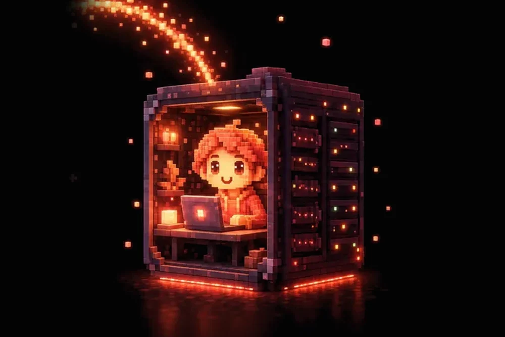 Voxel avatar at a laptop inside a glowing server cabinet
