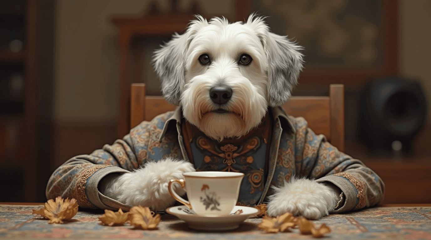 Wise Pup, a shaggy white dog in an embroidered jacket