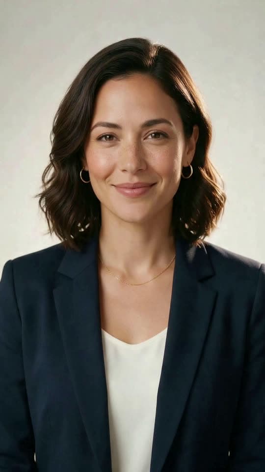 Sofia, a photoreal woman with dark hair in a navy blazer