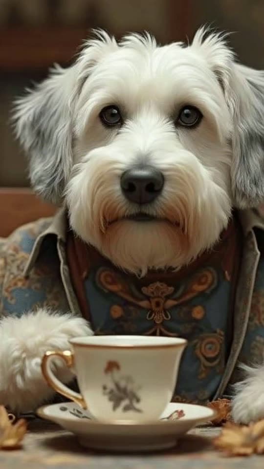 Wise Pup, a shaggy white dog in an embroidered jacket