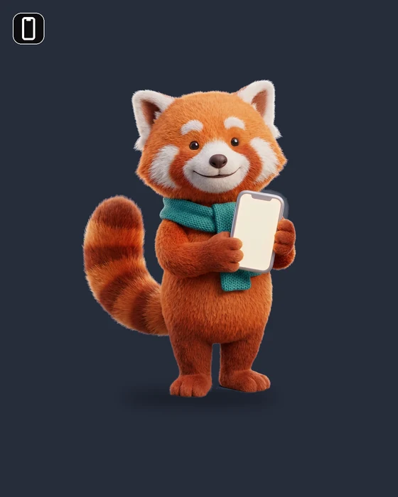 A red panda AI character holding a phone, for an iPhone app.