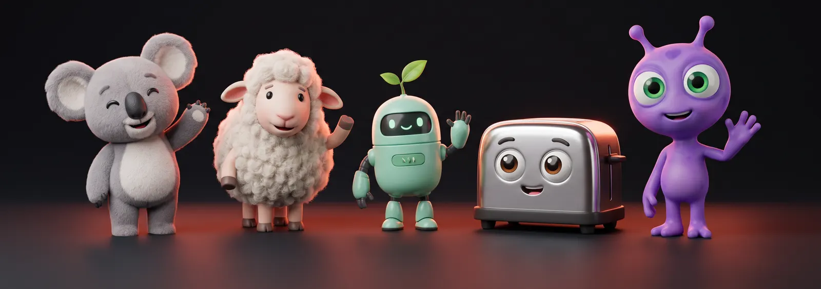 Illustration: five friendly AI characters waving hello.