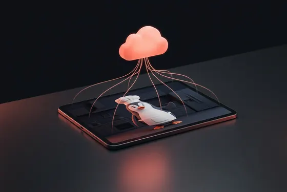 Illustration: a cloud sending a talking penguin chef to a tablet.